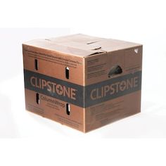 a brown box with black tape on the inside and bottom that says clipstonee