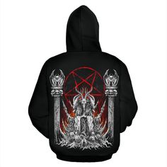 Skull Skeleton Satanic Goat Satanic Pentagram Flame Hoodie-Satanic Hoodie-Satanic Clothing-All of our men's hoodies are custom-made-to-order and handcrafted to the highest quality standards. Each hoodie is constructed from a premium polyester blend that is ultra-soft and incredibly comfortable. Features a specialty high definition heat-dye application that ensures long lasting color vibrancy even after machine washing. Fabric is durable and resistant to wrinkles, shrinking and mildew. Each Hoodi Gothic Winter Hoodie With Graphic Print, Gothic Graphic Print Winter Hoodie, Winter Gothic Hoodie With Graphic Print, Gothic Hooded Tops For Streetwear, Gothic Hoodie With Graphic Print, Halloween Band Merch Hoodie, Flame Hoodie, Satanic Pentagram, Satanic Goat