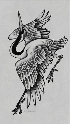 tattoo & art 🖤🖋 (@fayetteart) • Instagram photos and videos Crane Tattoo Design Ideas, Dark Animals Tattoo, Crane Wife Tattoo, Black Crane Tattoo, Japanese Traditional Crane Tattoo, Old Art Tattoo, Crane Tattoo Leg, Traditional Japanese Art Tattoo, Women’s Shoulder Tattoo Ideas