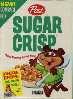 a box of sugar crisp cereal with a bear holding a knife