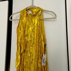 Beautiful Yellow Gold Metallic Halter Tie Neck Dress Nwt Never Worn Festive Yellow Maxi Party Dress, Festive Yellow Maxi Dress For Party, Yellow Sleeveless Maxi Dress For Cocktail, Chic Mustard Midi Dress For Party, Mustard Sleeveless Party Dress, Mustard Sleeveless Mini Dress For Party, Sleeveless Mustard Dress For Party, Chic Mustard Maxi Dress For Party, Mustard Sleeveless Midi Dress For Party