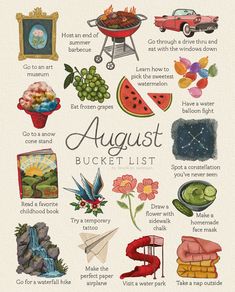 an illustrated poster with the words august bucket list