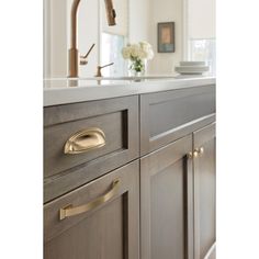 an image of a kitchen setting with stainless steel cabinets and brass pulls on the handles