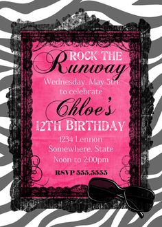 a pink and black birthday party card with zebra print on it, featuring sunglasses in the frame