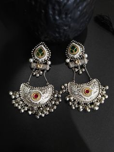 Around 4 inches Brass made Top is polished or coated with pure silver Note if u are in Instagram please visit website for more pics Silver Fusion Style Drop Jhumkas, Handmade Silver Fusion Style Jhumkas, Handmade Silver Fusion Jhumkas, Silver Dual-tone Danglers, Fusion Style Sterling Silver Chandbali Danglers, Handmade Sterling Silver Chandbali Danglers, Sterling Silver Dangle Jhumkas With Latkans, Silver Dual-tone Temple Jewelry Chandbalis, Silver Dual-tone Temple Chandbalis