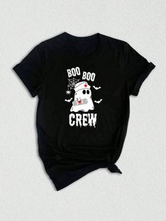 ‍⚕️ Introducing our adorable Halloween Nurse T-shirt - the perfect addition to your spooky season wardrobe!  This Nurse Shirt is designed for all the hardworking nurses out there who are ready to embrace the Boo Boo Crew and celebrate Halloween in style.  Featuring a playful and cute Halloween theme, this Spooky Season Shirt showcases a ghostly Boo with a nurse's hat and stethoscope.  The Boo Shirt is vibrant and eye-catching, making it a must-have for anyone in the nursing profession who wants Black Halloween Shirt With Character Print, Black Novelty Shirt With Funny Print, Novelty Black Shirt With Funny Print, Halloween Novelty Tops With Funny Text, Funny Halloween Tops With Text, Funny Halloween Character Print T-shirt, Funny Halloween T-shirt With Letter Print, Black Horror T-shirt With Funny Print, Funny Black Tops With Cartoon Print