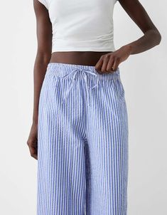 Bershka deep waistband wide leg pants in blue stripe | ASOS Striped Wide Leg Trousers With Elastic Waistband, Striped Straight Leg Bottoms With Elastic Waistband, Blue Striped Pants For Spring, Blue Vertical Stripes Pants For Spring, Spring Striped Wide-leg Pants, Casual Wide-leg Pants With Vertical Stripes, Striped Relaxed Fit Wide Leg Pants, Casual Wide-leg Vertical Stripes Pants, Striped Wide Leg Bottoms With Relaxed Fit