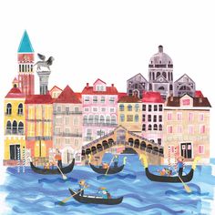 watercolor painting of gondolas and buildings in venice