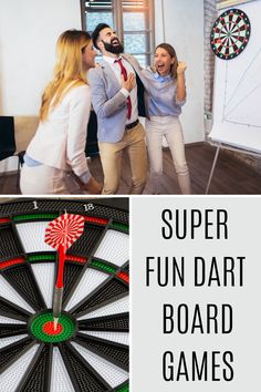 four different shots of people having fun at the same time and text overlay reads, super fun dart board games