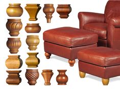 a leather chair and footstool are shown with different sizes, shapes and colors