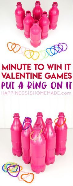 pink plastic jugs with the words, minute to win it valentine's day games put a ring on it