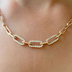 "This Italian handcrafted chain link necklace is completely composed of 14K solid gold and is uniquely made with a semi-hollow interior for comfortable everyday wear that will not dent . The chain is centered with three slightly larger links which are pavé set on both sides with genuine GVs1 quality natural real Diamonds. NOTE: This item is available in longer or shorter length options. Kindly send us a \"Custom Order\" request for pricing and details. ♦ Total Length: available in your choice of Rose Gold Chain Necklace As Gift, Anniversary Oval Link Cable Chain Necklace, Anniversary Cable Chain Necklace With Oval Links, Rose Gold Oval Link Chain Necklace, Cable Chain Link Necklace For Anniversary, Oval Link Chain Necklace For Anniversary, Anniversary Link Chain Necklace With Paperclip Chain, Anniversary Paperclip Chain Link Necklace, Italian Chains Designs Gold Women