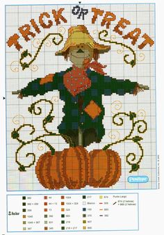 a cross stitch pattern with the words trick or treat and a scare on top of a pumpkin