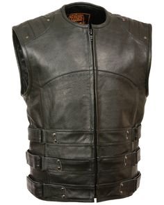 This SWAT style vest from Milwaukee Leather is made from premium milled cowhide and offers the comfort and protection you need while riding. Adjustable triple side straps allow for a comfortable fit, and the single panel back is perfect for patches. This vest is a real looker too, with it's SWAT style design and studded detail, and is sure to be a favorite you reach for again and again for years to come. 1.1-1.2mm premium cowhide leather Collarless design with zip front closure Tactical Motorcycle, Tactical Style, Leather Biker Vest, Biker Gear, Motorcycle Vest, Biker Vest, Vest Men, Tactical Vest, Motorcycle Leather