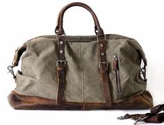 Men's Leather & Canvas Duffle Bag Vintage for Luggage, Travel, Weekender - Army Green Canvas Duffle Bag Men, Waxed Canvas Duffle Bag, Travel Messenger Bag, Vintage Messenger Bag, Canvas Duffle Bag, Hipster Bag, Leather Weekender Bag, Leather Duffle Bag