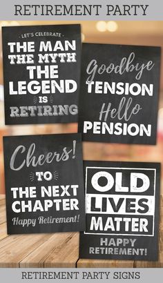 Pack of 4 printable Retirement Party Signs Mans Retirement Party Decorations, Rv Retirement Party Ideas, Retirement Party For Men Decoration, Retirement Poster Ideas Signs, Retirement Chalkboard Sign, Retirement Party Ideas For Men Theme, Retirement Table Decor, Retirement Party Decorations For A Man, Retirement Party Signs