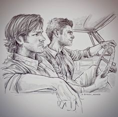 a drawing of two men sitting in a car, one holding the steering wheel while the other is driving