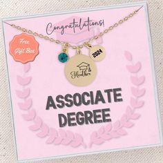 a card with two necklaces on it that says congratulations, associate degree and an award medal