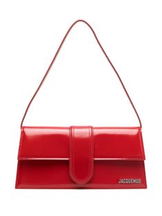 bright red calf leather silver-tone logo plaque foldover top with magnetic fastening single shoulder strap main compartment rear slit pocket Jacquemus Red Bag, Red Designer Bag, Jacquemus Red, Jacquemus Le Bambino Long, Long Shoulder Bag, Red Shoulder Bag, Jacquemus Bag, Red Purse, Red Bag