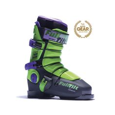 a pair of green and purple ski boots with the word fuji on it's side