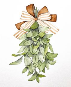 a watercolor painting of a bunch of green leaves with a bow