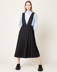 Sandy Liang Odeon Pinafore in Black Pinafore Dress Black, Black Pinafore Dress Outfit, Cool Uniforms, School Pinafore Dress, Pinafore Dress Outfit, Black Pinafore Dress, School Pinafore, Satin Dress Outfit, Black Pinafore