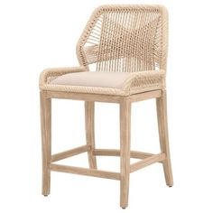 a white wicker bar stool with a cushion on the seat and backrests