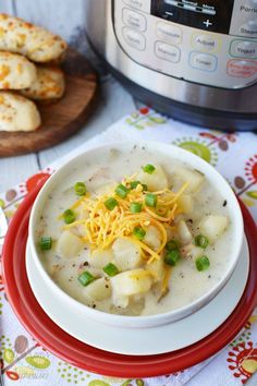 a bowl of potato soup next to an instant pressure cooker