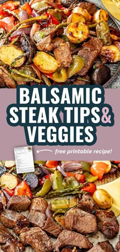 balsamic steaks and veggies on a platter with text overlay