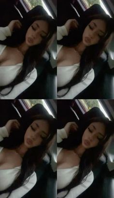 four pictures of a woman with long hair and wearing a white top in the back seat of a car