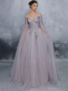 Evening Dress Lavender A-Line Bateau Neck Long Sleeves Tulle Floor-Length Formal Dinner Dresses Formal Dinner Dresses, Dark Academia Wedding, Dinner Dress Formal, Mexican Quinceanera Dresses, Sheer Cape, Ball Gowns Wedding Dress, 15 Dresses Quinceanera, Light Blue Prom Dress, Tarik Ediz