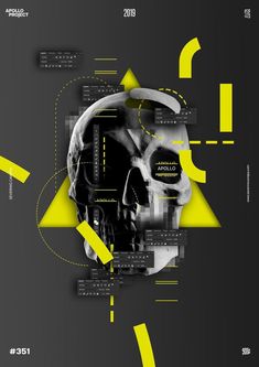 an abstract poster with yellow arrows and a skull in the center on a black background