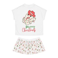 Get into the holiday spirit with this festive Western cowboy Merry Christmas pajama set. Made of 100% polyester with a 100% cotton collar, this set features a ribbed collar and elastic waistband for a comfortable fit all night long. Perfect for women looking for a fun and cozy holiday sleepwear option. Product features - Western cowboy Merry Christmas design - 100% polyester and 100% cotton collar for durability - Elastic and soft waistband for comfortable fit - Relaxed fit with no sleeve seams for an oversized look - Sewn-in label for added detail Care instructions - Do not dryclean - Iron, steam or dry: low heat - Do not tumble dry - Do not bleach - Machine wash: cold (max 30C or 90F) Merry Christmas Design, Cowboy Christmas, Christmas Pajama Set, Cozy Holiday, Cow Girl, Sleep Shorts, Womens Pyjama Sets, Cow Boy, Pyjama Set