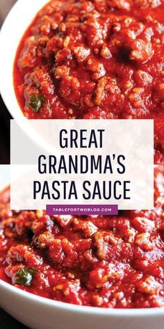 a white bowl filled with pasta sauce and the words great grandma's pasta sauce