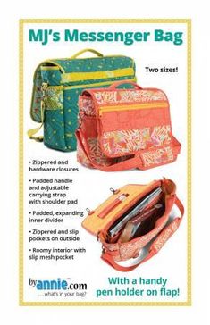 an advertisement for the messenger bag with two zippers on each side and one shoulder strap