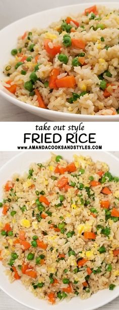 fried rice with peas and carrots in a white bowl next to the same image