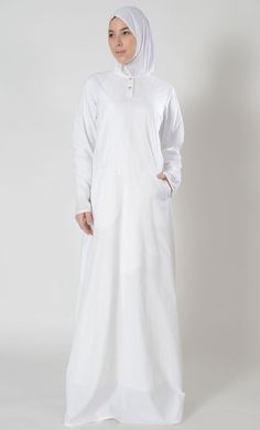 Twinned Button Hajj Umrah Abaya Dress White Abaya With Modesty Panel For Eid, White Long Sleeve Modest Khimar, Modest Long White Thobe, Cotton Maxi Dress With Long Sleeves For Eid, Cotton Long Sleeve Maxi Dress For Eid, Long Sleeve Cotton Maxi Dress For Eid, Umrah Abaya, Kurti With Jacket, Cotton Poplin Fabric