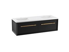 the double sink vanity has two gold handles on each side and is black with white marble top