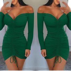 Super Cute Nwot Green Ruched Winter Dress, Green Long Sleeve Dress For Going Out, Green Bodycon Dress For Date Night In Fall, Green Mini Dress For Fall Night Out, Green Bodycon Dress For Going Out In Spring, Green Fitted Dress, Off Shoulder Floral Dress, Beaded Flapper Dress, Puff Dress