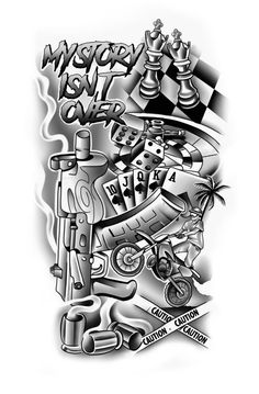 a black and white tattoo design with chess, checkered boarders, dices and other items