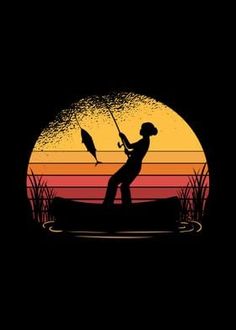 the silhouette of a man fishing on a boat in front of an orange and yellow sunset