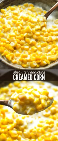 corn is being cooked in a skillet with the words, easy creamed corn