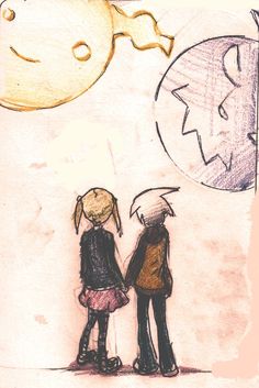 two people standing next to each other in front of a sun and moon with one person holding an umbrella