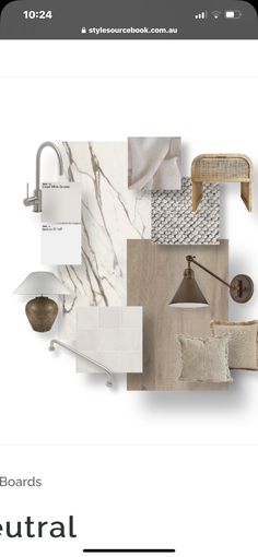 an image of the interior design board with different items on it, including lamps and pillows