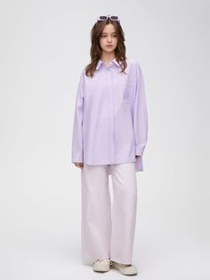 Details: Lavender purple coloured shirt is dreamy and romantic, quiet and elegant.Loose oversize versionHerringbone pleat design on the backEmbroidered chest pocket Materials & Care: Cotton 100% Hand wash | Dry clean Do not bleach Size & Fit: Model is 5'7", Bust 32, Waist 24, Hips 35, wearing a size S Item #: JN1BL04 Purple Relaxed Fit Blouse For Daywear, Oversized Purple Workwear Tops, Oversized Purple Tops For Work, Oversized Purple Shirt For Spring, Lavender Long Sleeve Cotton Blouse, Lavender Cotton Long Sleeve Blouse, Purple Relaxed Fit Shirt For Work, Purple Relaxed Fit Shirt For Workwear, Oversized Purple Tops With Pockets