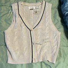 New. Never Worn Super Cute Sweater Vest. Casual Cable Knit Outerwear For Spring, Casual Spring Cable Knit Outerwear, Knit Vest For Day Out In Fall, Casual Cable Knit Sweater Vest For Spring, Spring Casual Cable Knit Sweater Vest, Trendy Spring Cable Knit Sweater Vest, Trendy Cable Knit Sweater Vest For Spring, Casual Beige Sweater Vest, Spring Cream Cotton Sweater Vest