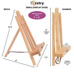 a small wooden easel with measurements for each side and the other side showing it's size