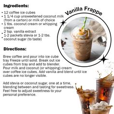 the ingredients for vanilla frappe are shown in this graphic above it's description