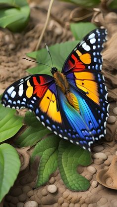 a colorful butterfly sitting on top of green leaves