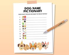 a printable dog name dictionary on a piece of paper with a pencil next to it